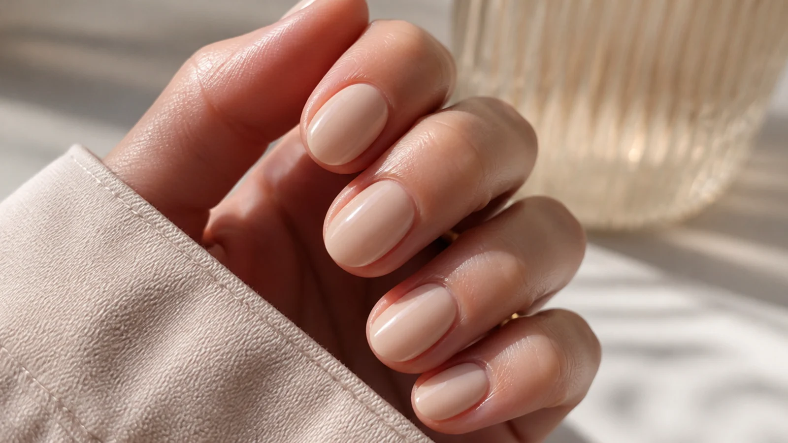 Short nude oval nails in a warm beige with an evenly rounded tip and high gloss