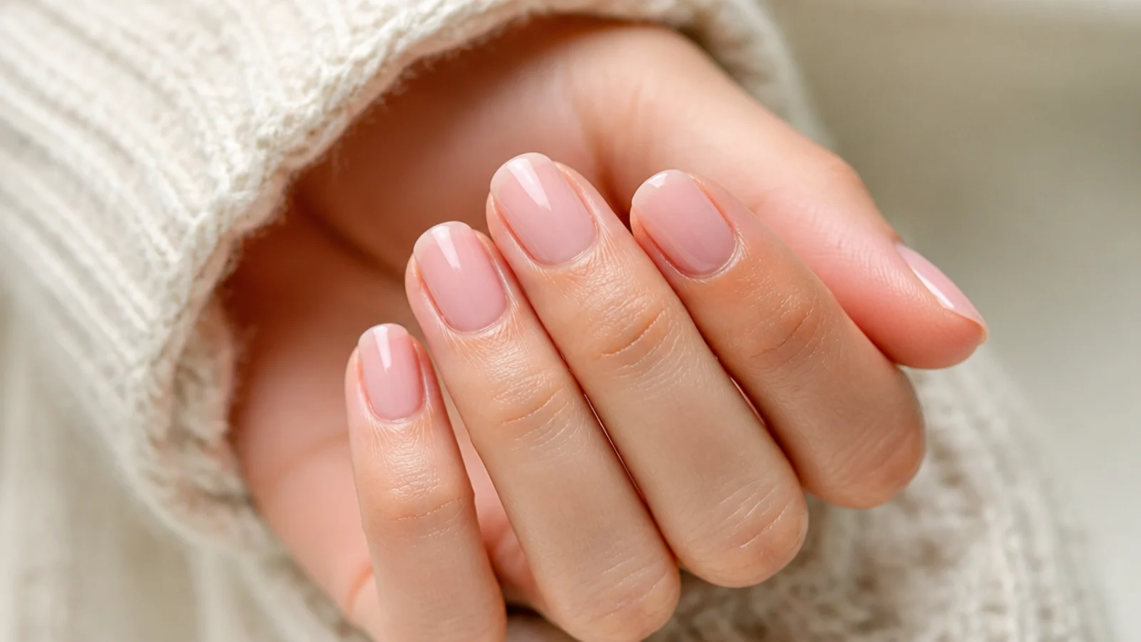Short soft almond nails with a shallow taper and a rounded tip on a bare pink base