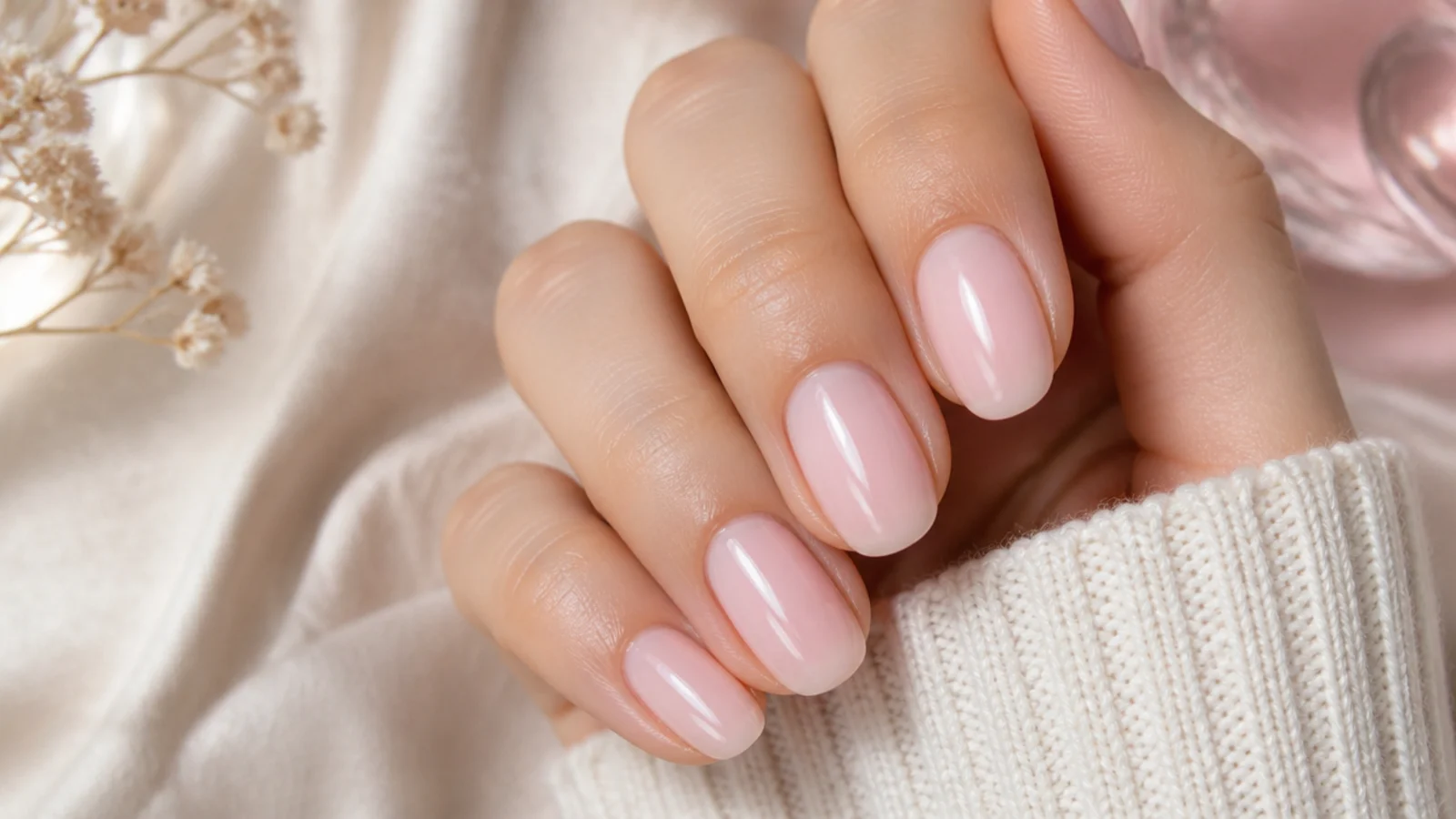 Sheer ballet pink oval nails showing the natural nail through a translucent glossy overlay