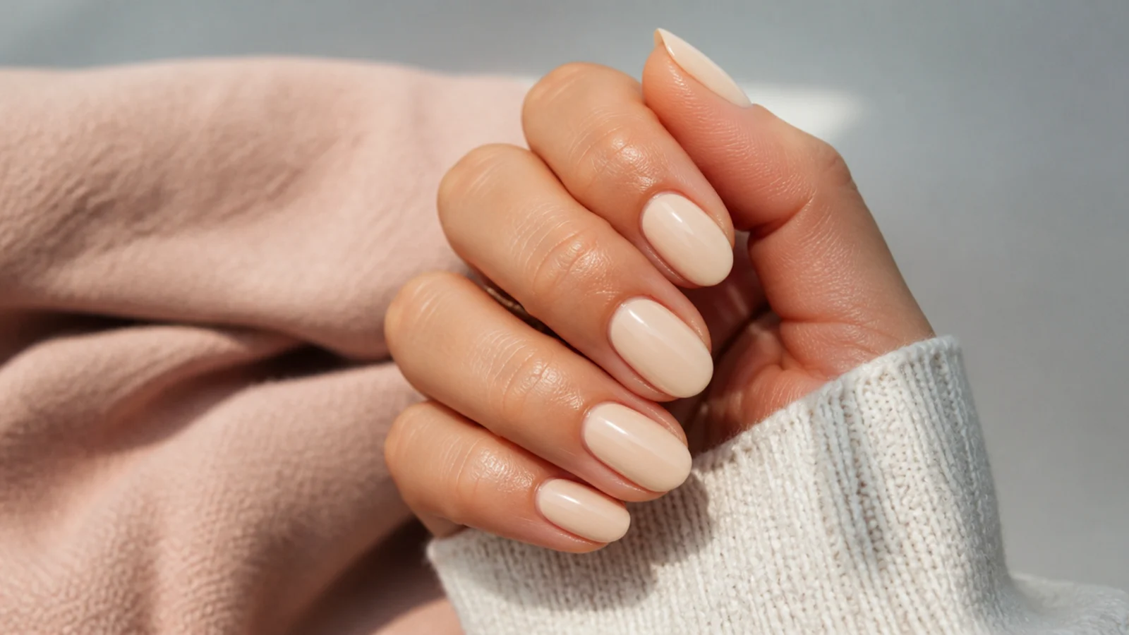 Short almond nails in creamy beige with a compact taper and glossy finish