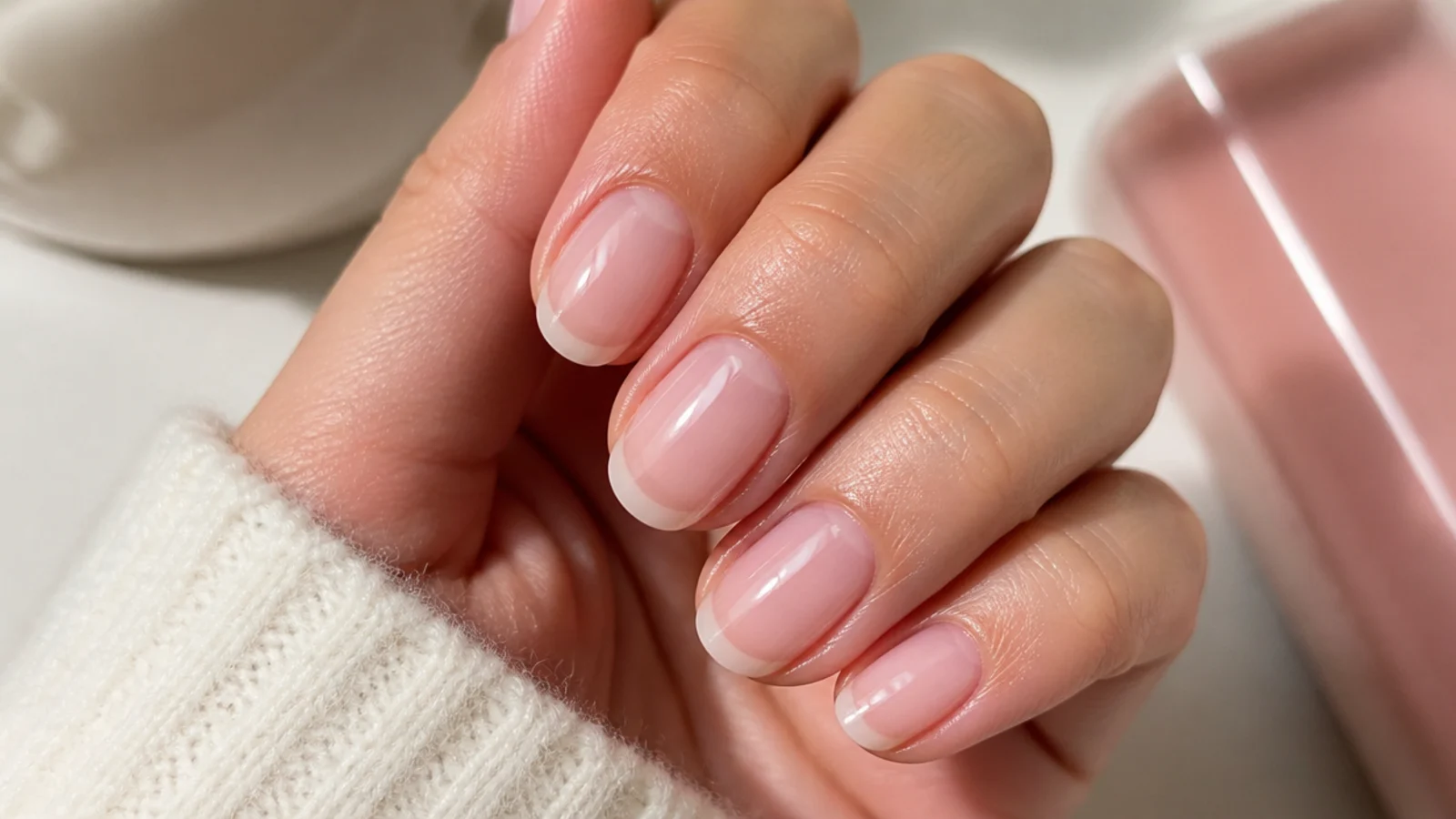 Bare glossy oval nails with a clear gel overlay and a clean rounded free edge