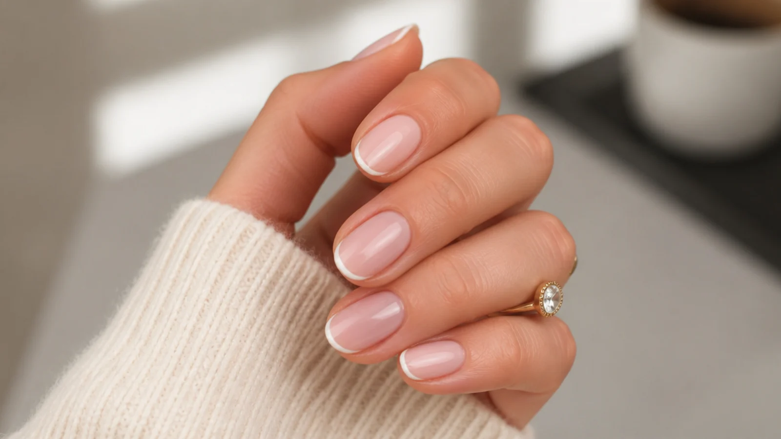 Short almond nails with a hairline white micro French tip tracing the tapered edge