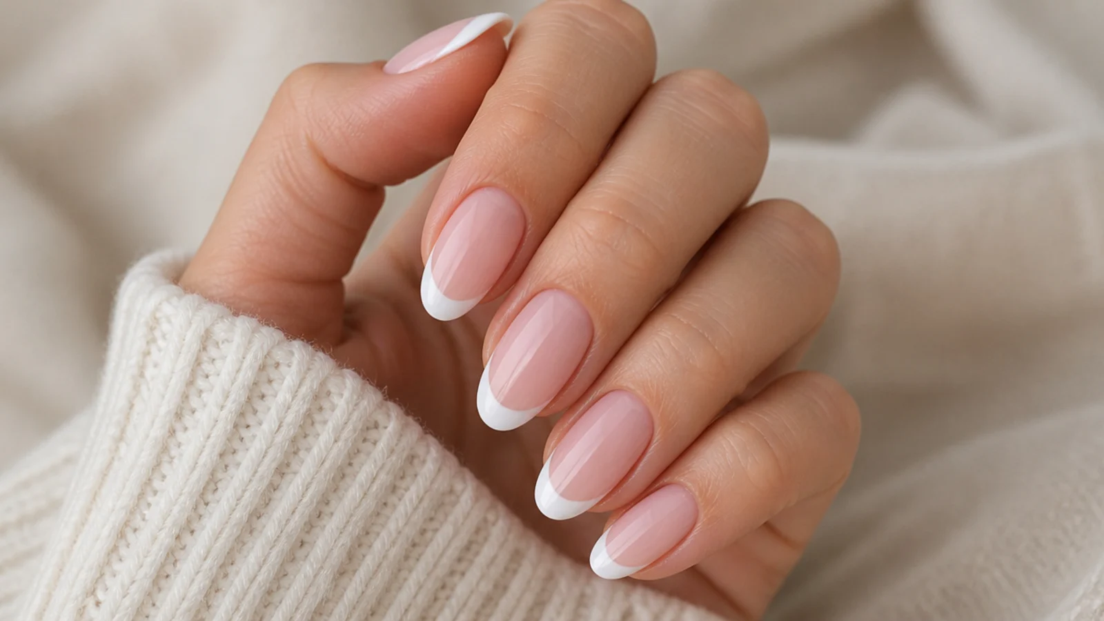 Medium white French tip oval nails with a soft curved smile line over a sheer pink base