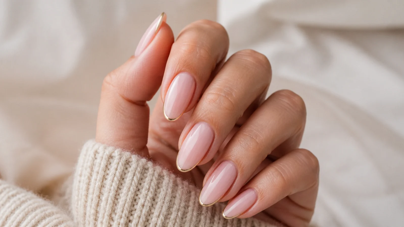 Almond nails with a thin gold chrome micro French line on a milky nude base