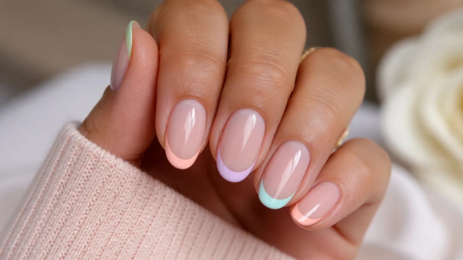 Oval nails with pastel candy colored French tips in mint, lilac and peach on a sheer base