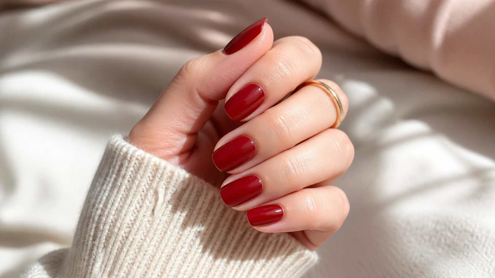 Medium cherry red oval nails with a deep glossy finish and an evenly rounded tip
