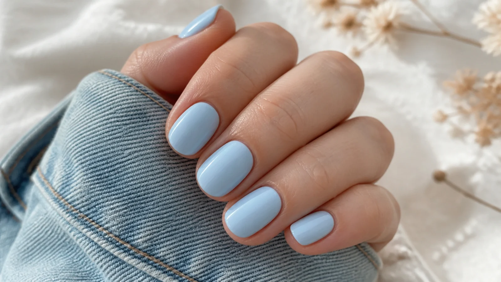 Short baby blue oval nails in a soft powder shade with a rounded glossy tip