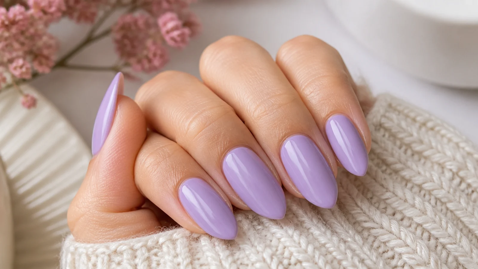 Medium lavender almond nails in a soft purple creme with a tapered glossy tip