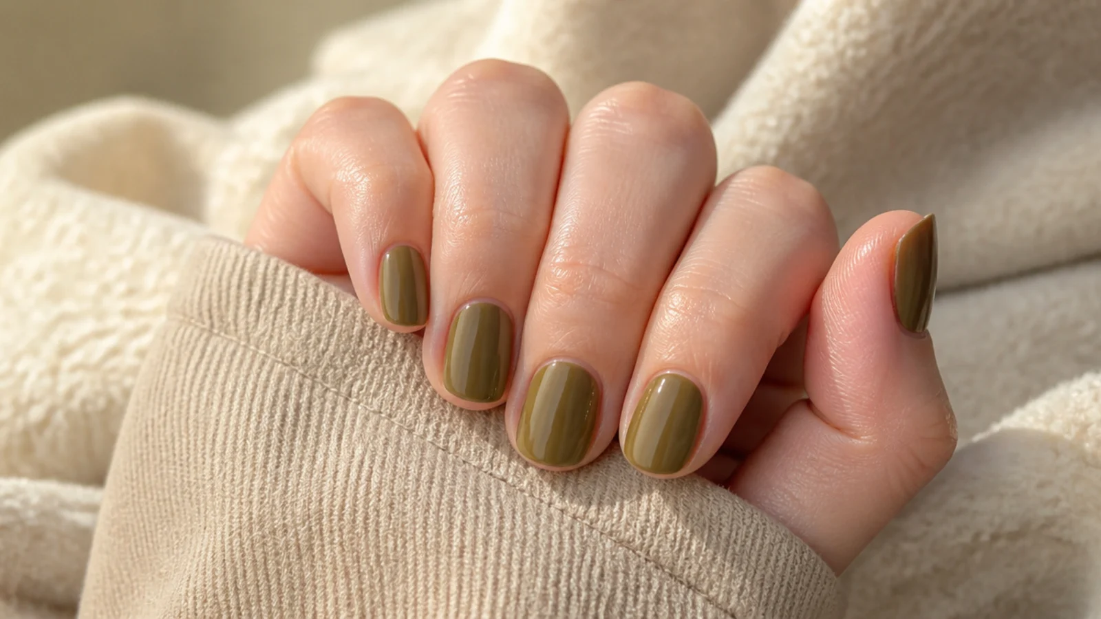 Short olive green oval nails in a muted khaki creme with a rounded tip