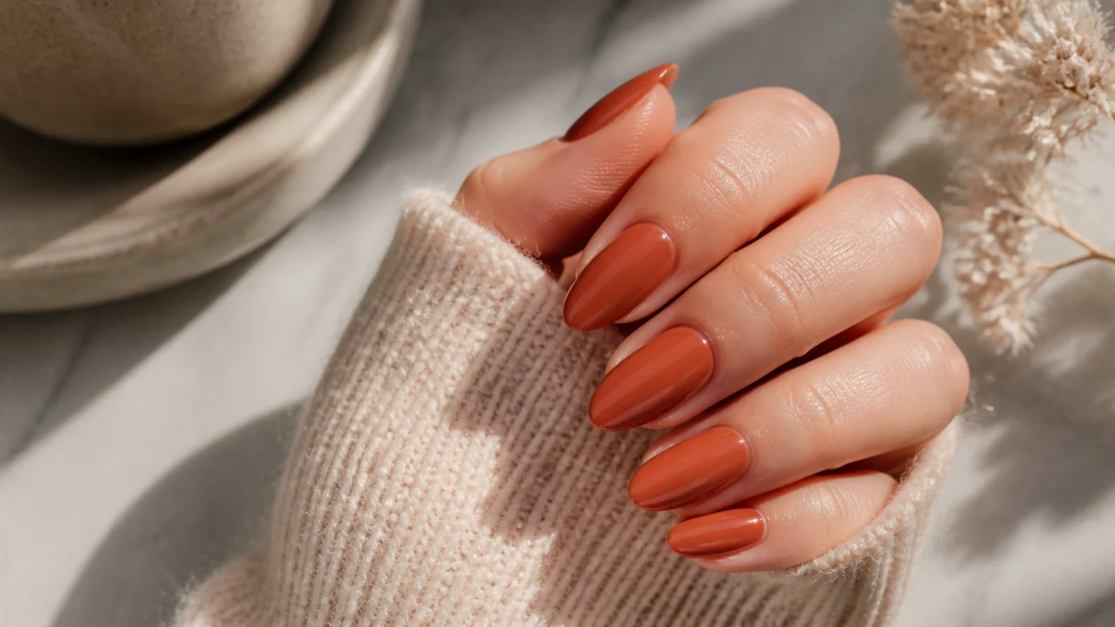 Medium terracotta almond nails in a warm burnt clay shade with a glossy taper
