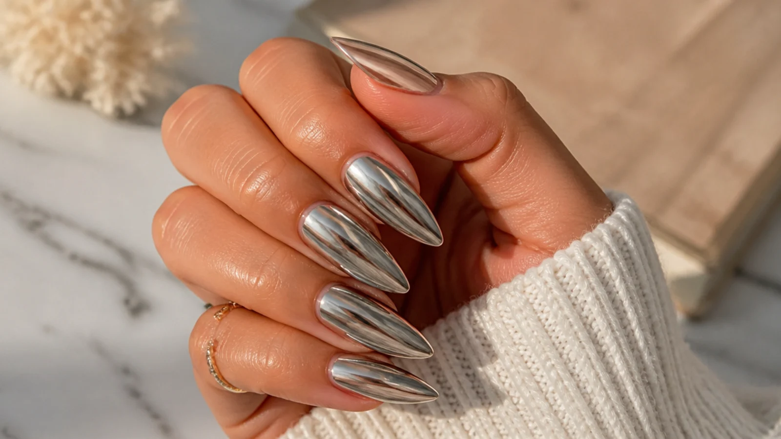 Long silver chrome almond nails with a liquid mirror finish following the taper