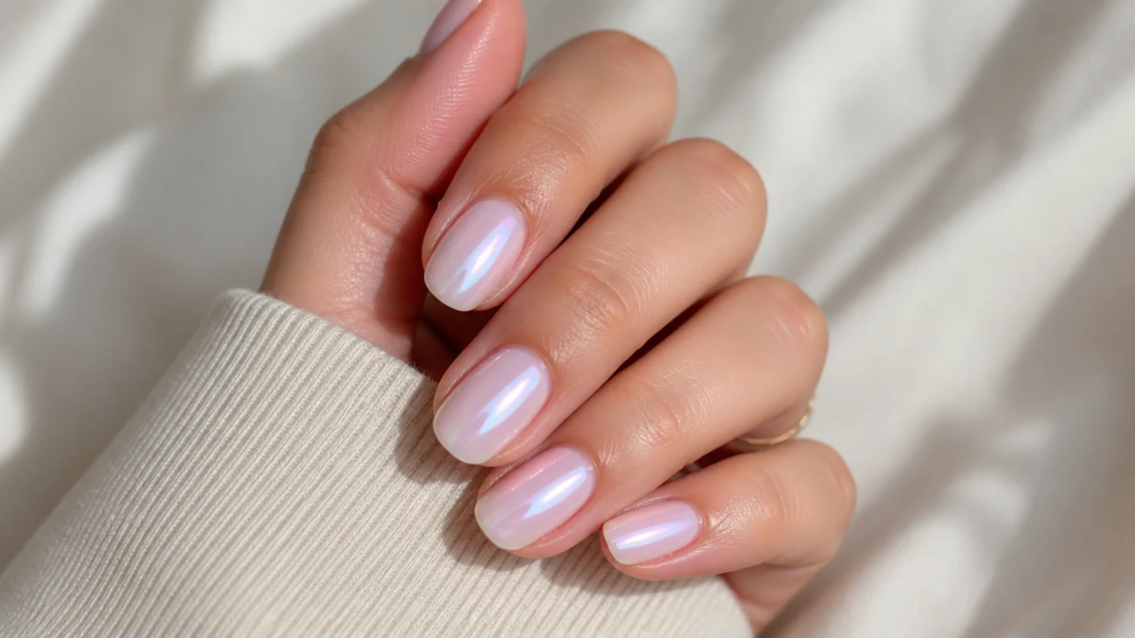 Short pearl chrome oval nails with an iridescent glazed sheen shifting pink and blue