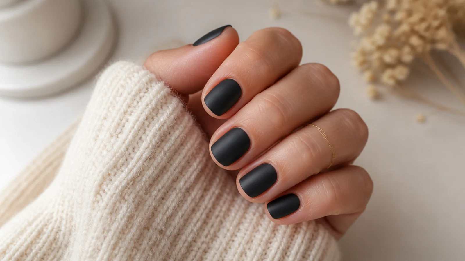 Short matte black oval nails with a velvet flat finish and a softly rounded tip