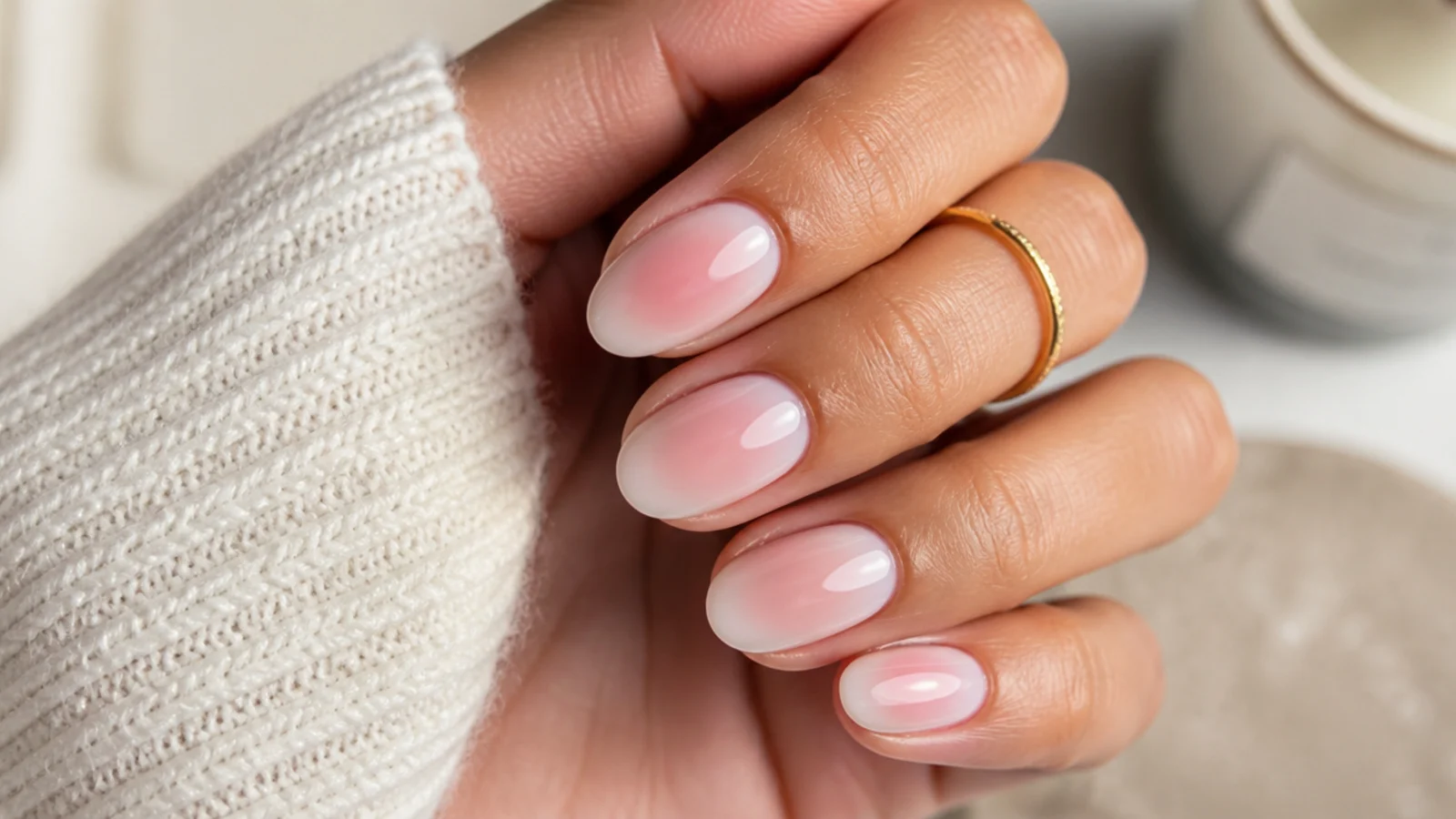 Oval nails with a pink aura halo airbrushed into the center of a pale nude base