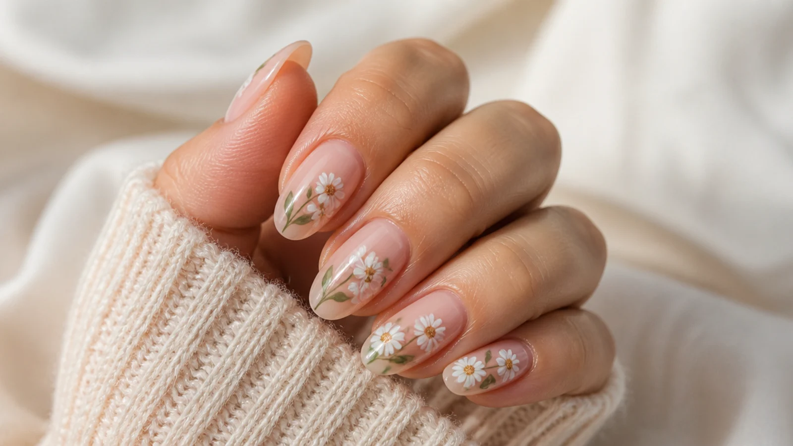 Long oval nails with hand-painted white daisies and green stems over a sheer nude base