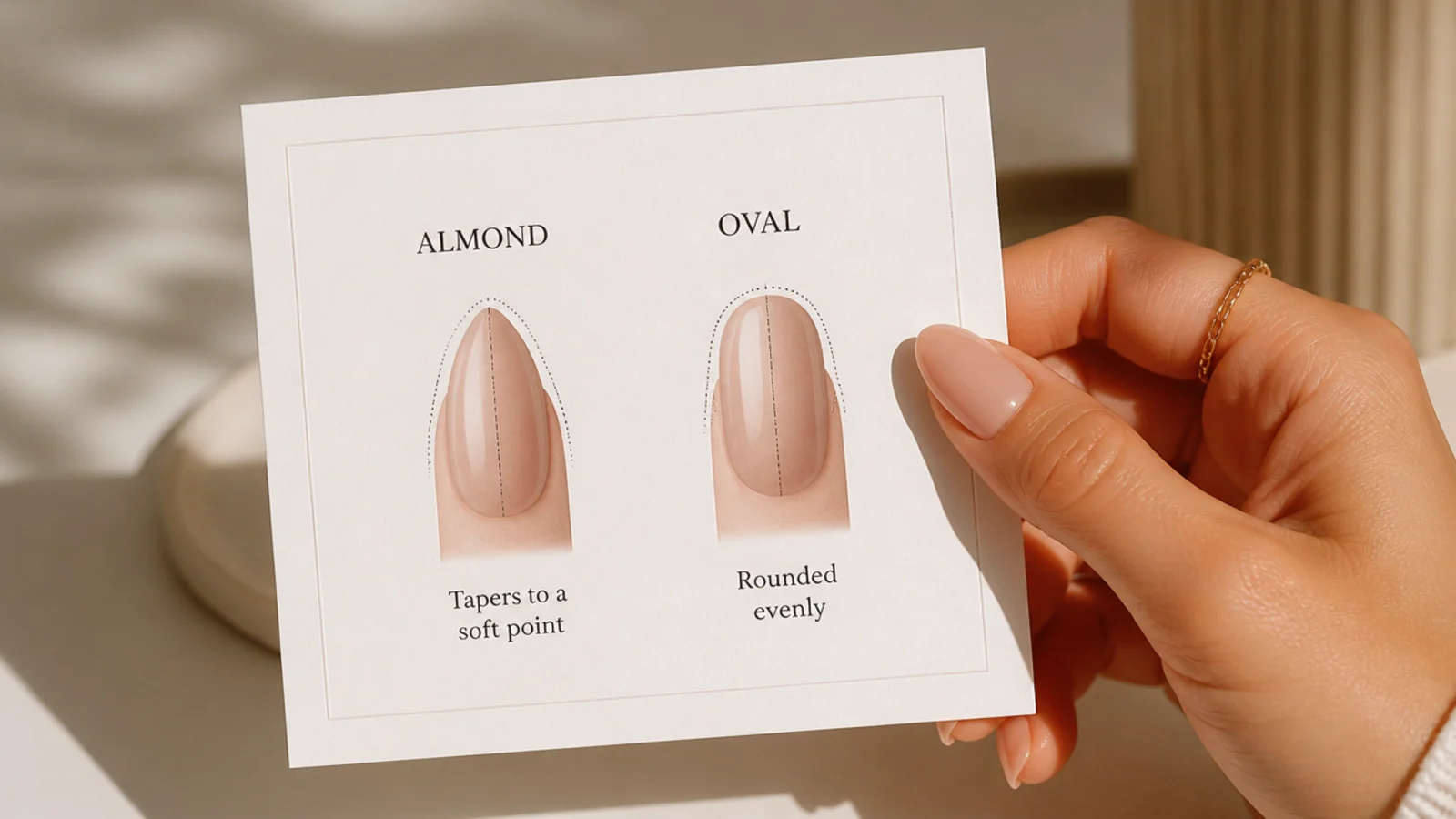 Diagram comparing an almond nail tapering to a soft point with an oval nail rounded evenly