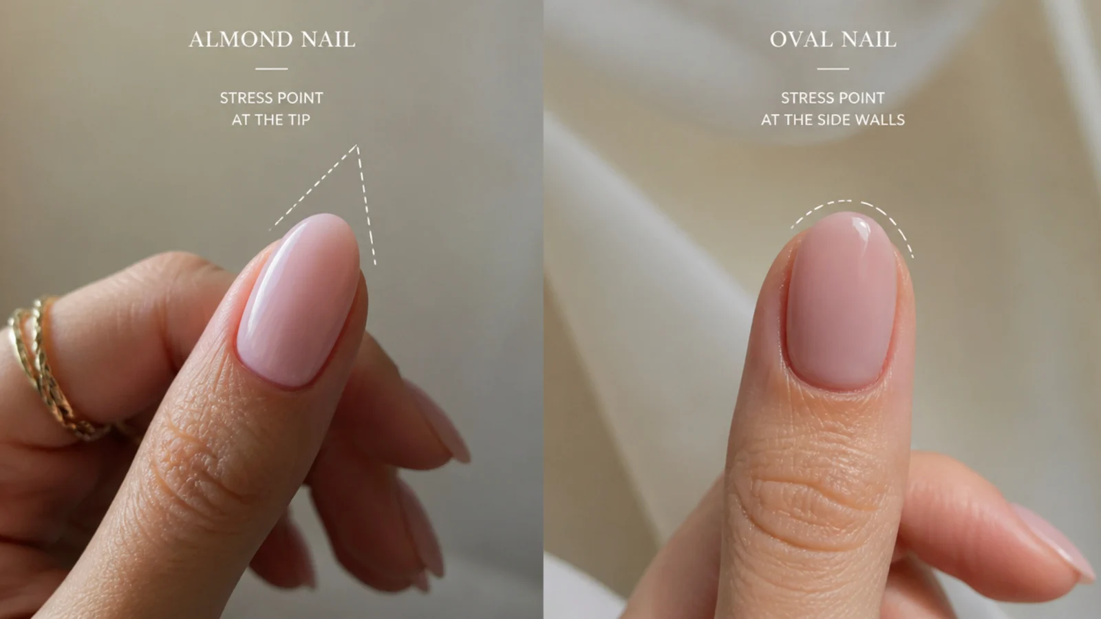 Close-up of an almond nail tip and an oval nail tip showing where each shape takes stress