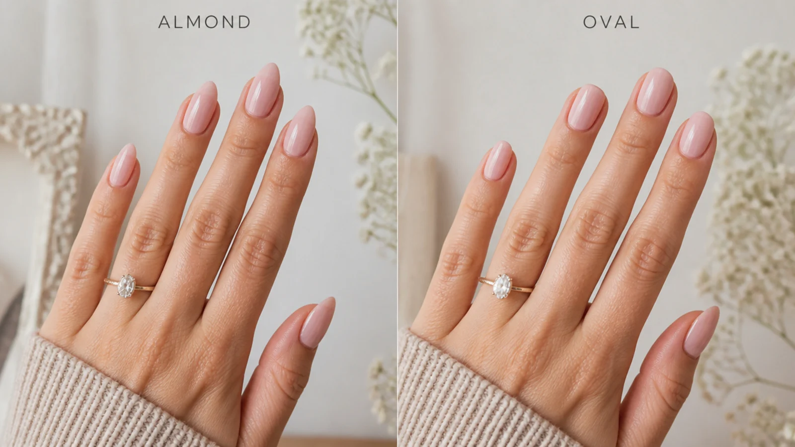 Hand comparison showing almond nails and oval nails on the same fingers for elongation