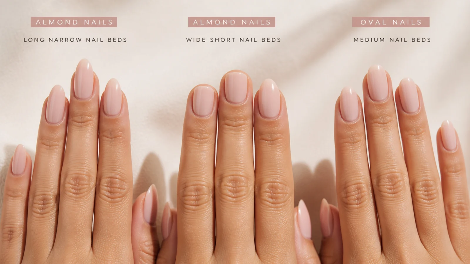 Three nail bed types compared: long narrow, wide short and medium beds for almond and oval nails