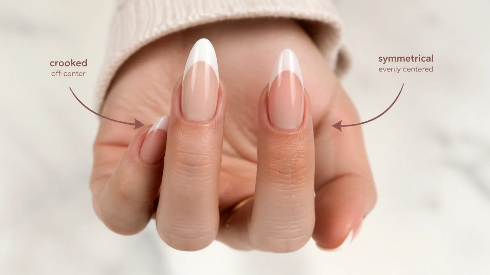 Two almond nails compared, one filed crooked with an off-center point and one symmetrical