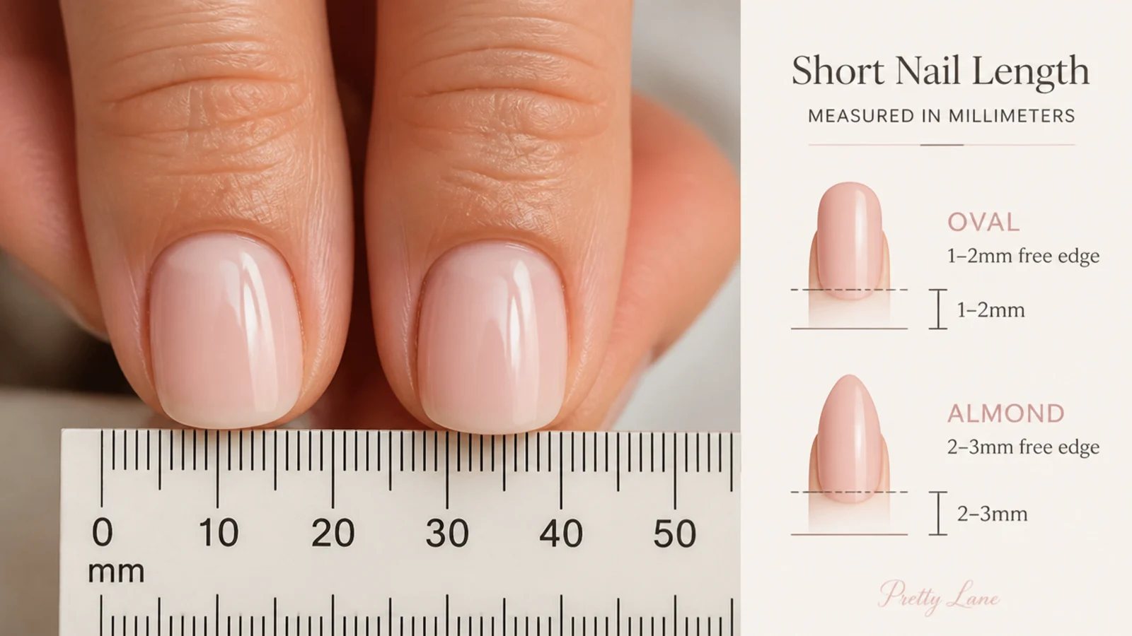 Two short nails measured against a millimeter ruler showing the free edge needed for oval and almond