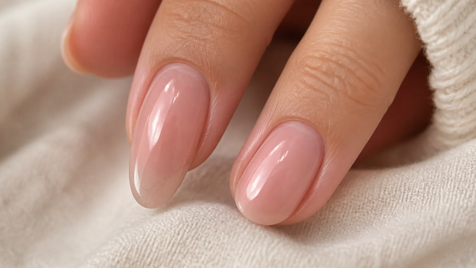 Almond nail tip showing a stress crack at the taper beside an intact rounded oval nail tip