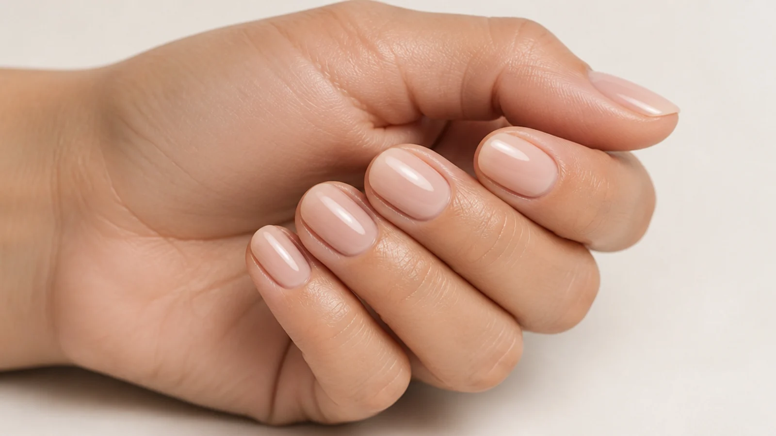 Wide short nail beds filed to a soft oval shape in a sheer nude polish on a plain background