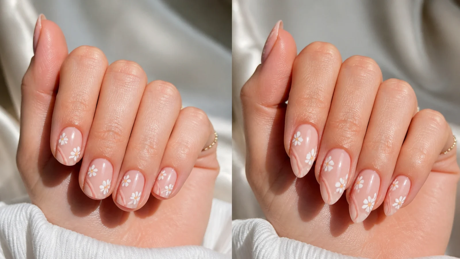 Hand with almond nails shown beside the same hand with oval nails to compare the lengthening effect