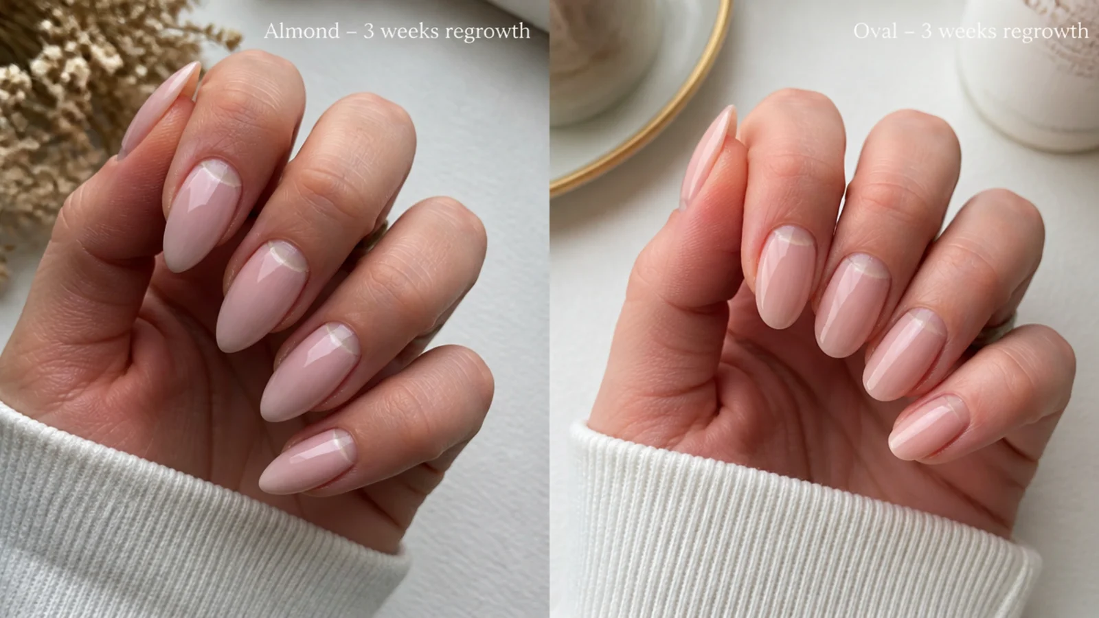 Almond and oval gel nail sets shown side by side after three weeks of regrowth