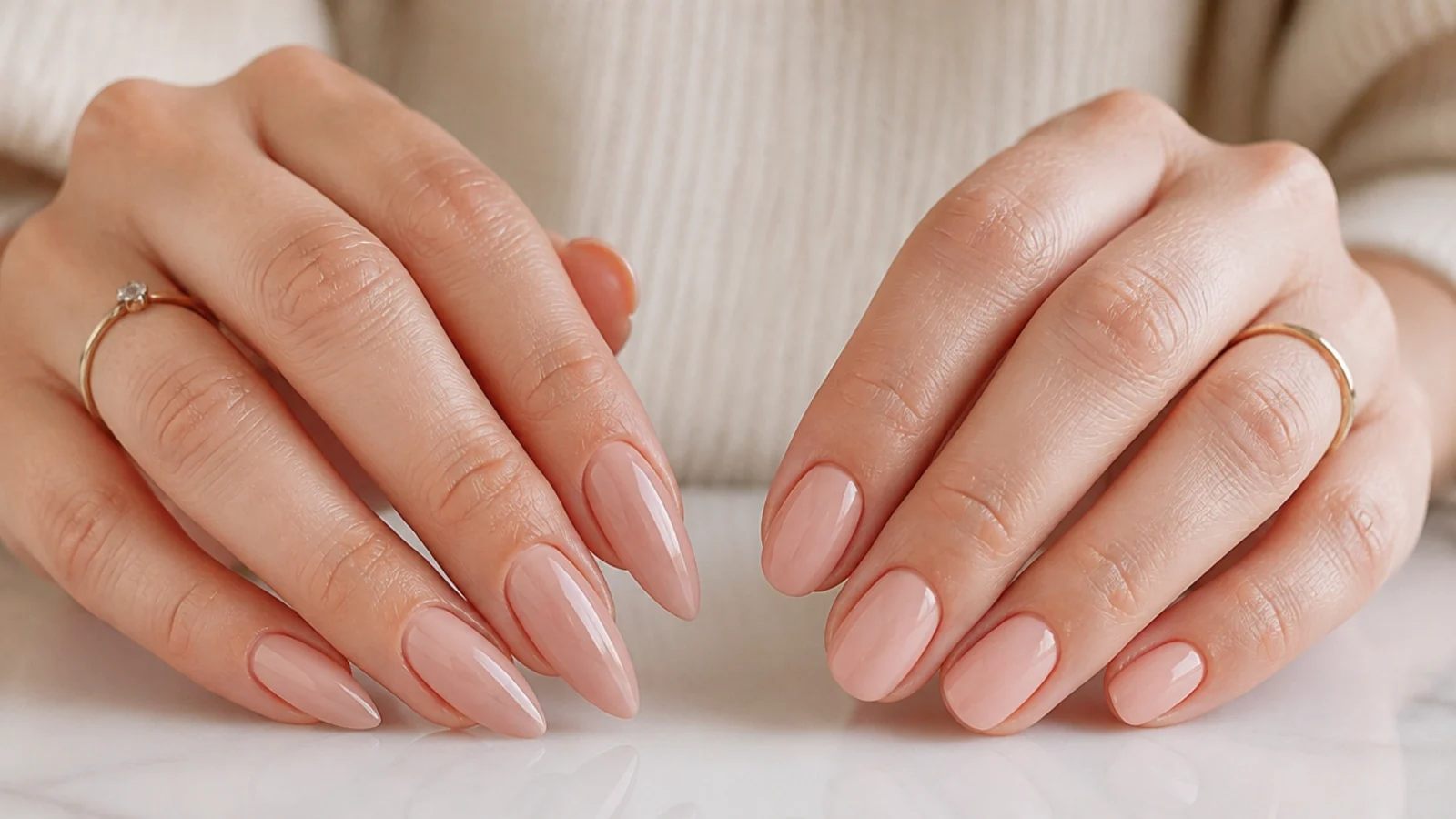 Almond nails and oval nails side by side in a nude shade showing the tapered point against the rounded dome