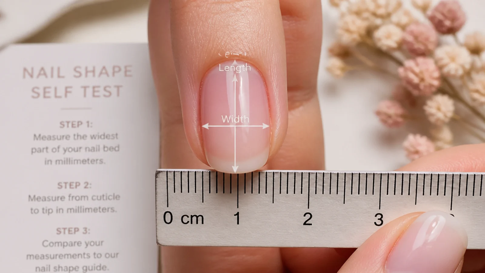 Ruler laid across an index fingernail measuring nail bed width and length for a shape self test