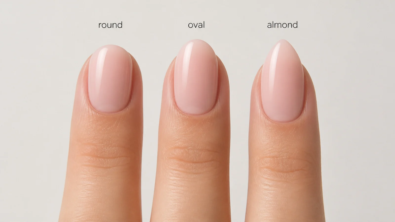 Three nails filed side by side into round, oval and almond shapes on a plain background