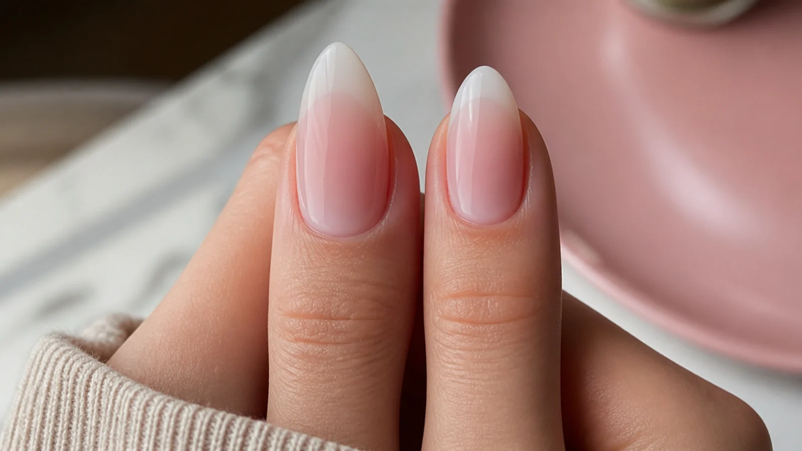 Asymmetric almond nail next to a correctly filed symmetrical almond nail for comparison