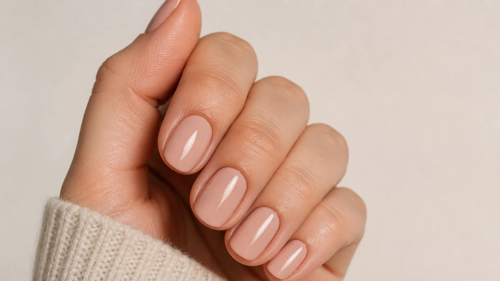 Short wide fingers with oval nails in a nude shade shown against a plain background