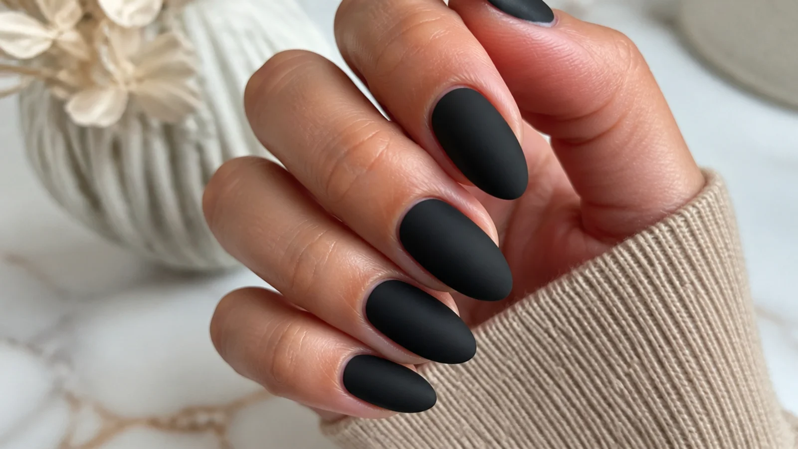 Matte black almond nails with a flat velvety finish and no surface shine