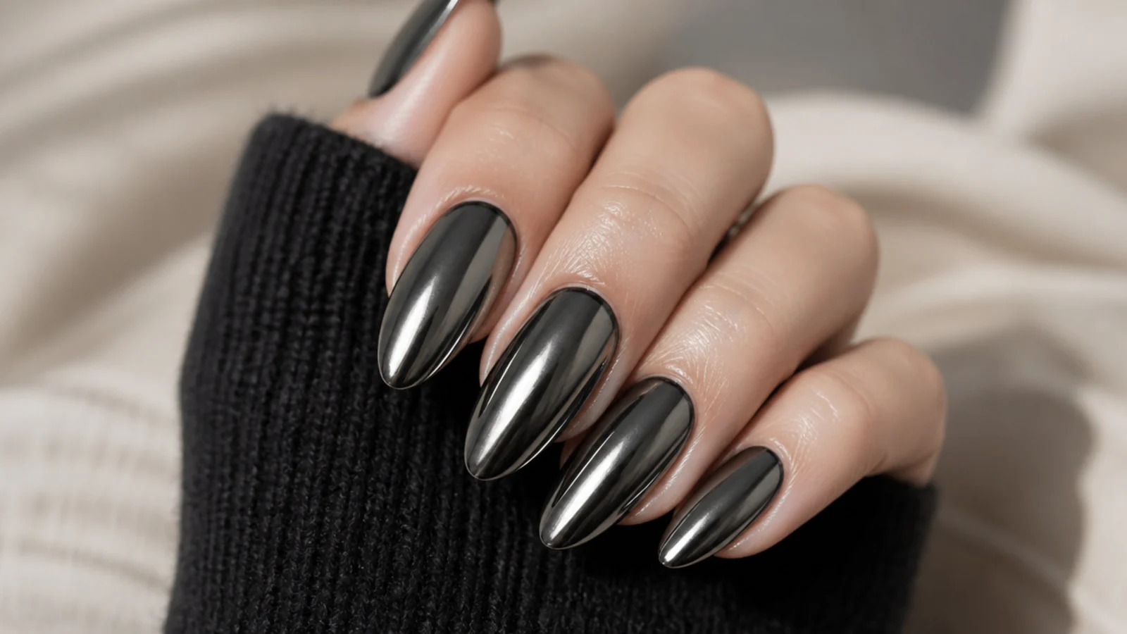 Black chrome almond nails with a gunmetal mirror finish reflecting light along the taper