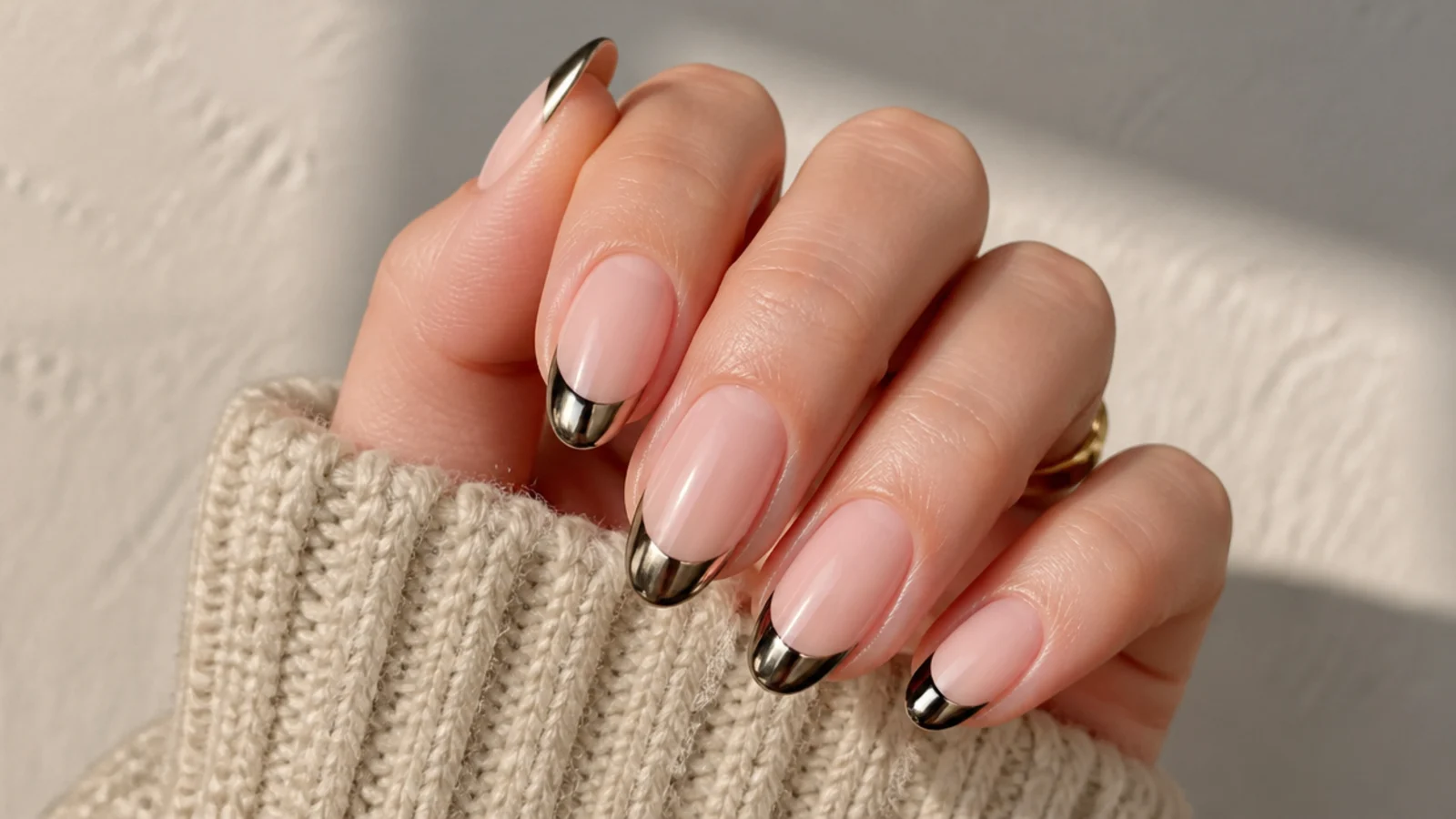 Almond nails with black chrome French tips on a sheer nude base and a curved smile line