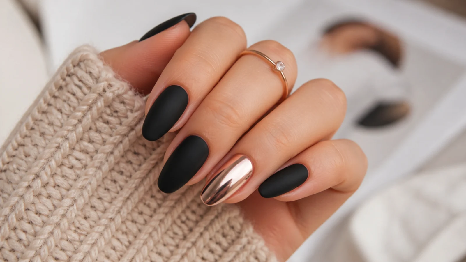 Matte black almond nails with rose gold chrome accent nails on the ring fingers