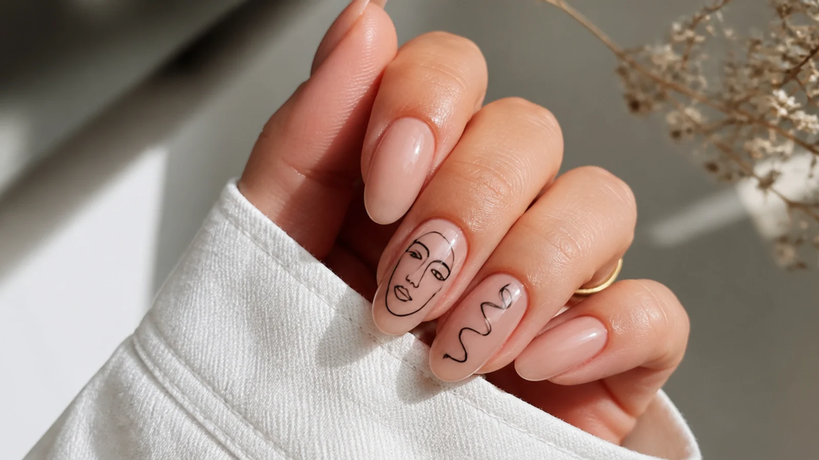 Sheer nude almond nails with fine black abstract line drawings on two accent nails