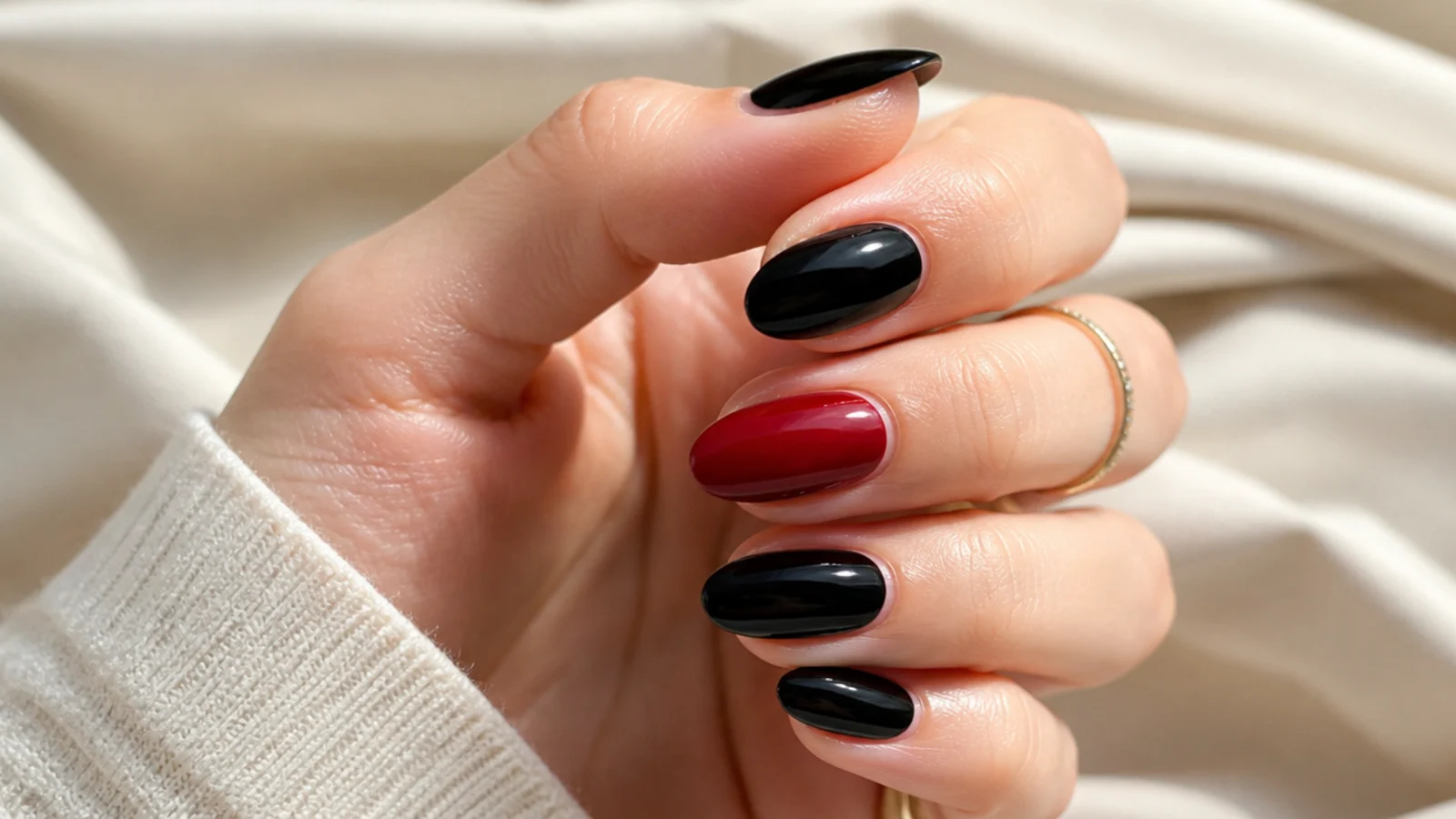 Almond nails alternating glossy black with deep blood red on the accent fingers