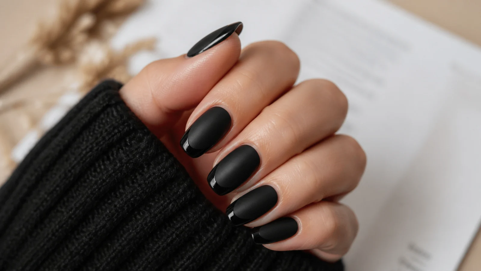 Matte black almond nails with a glossy black band along the curved free edge of each nail