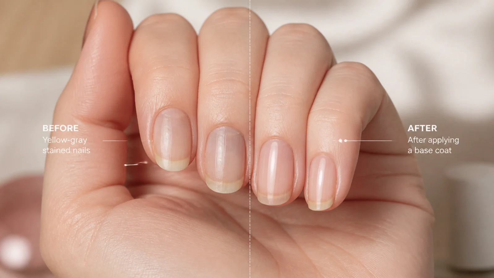 Bare natural nails with yellow-gray staining next to clean nails after a base coat was used