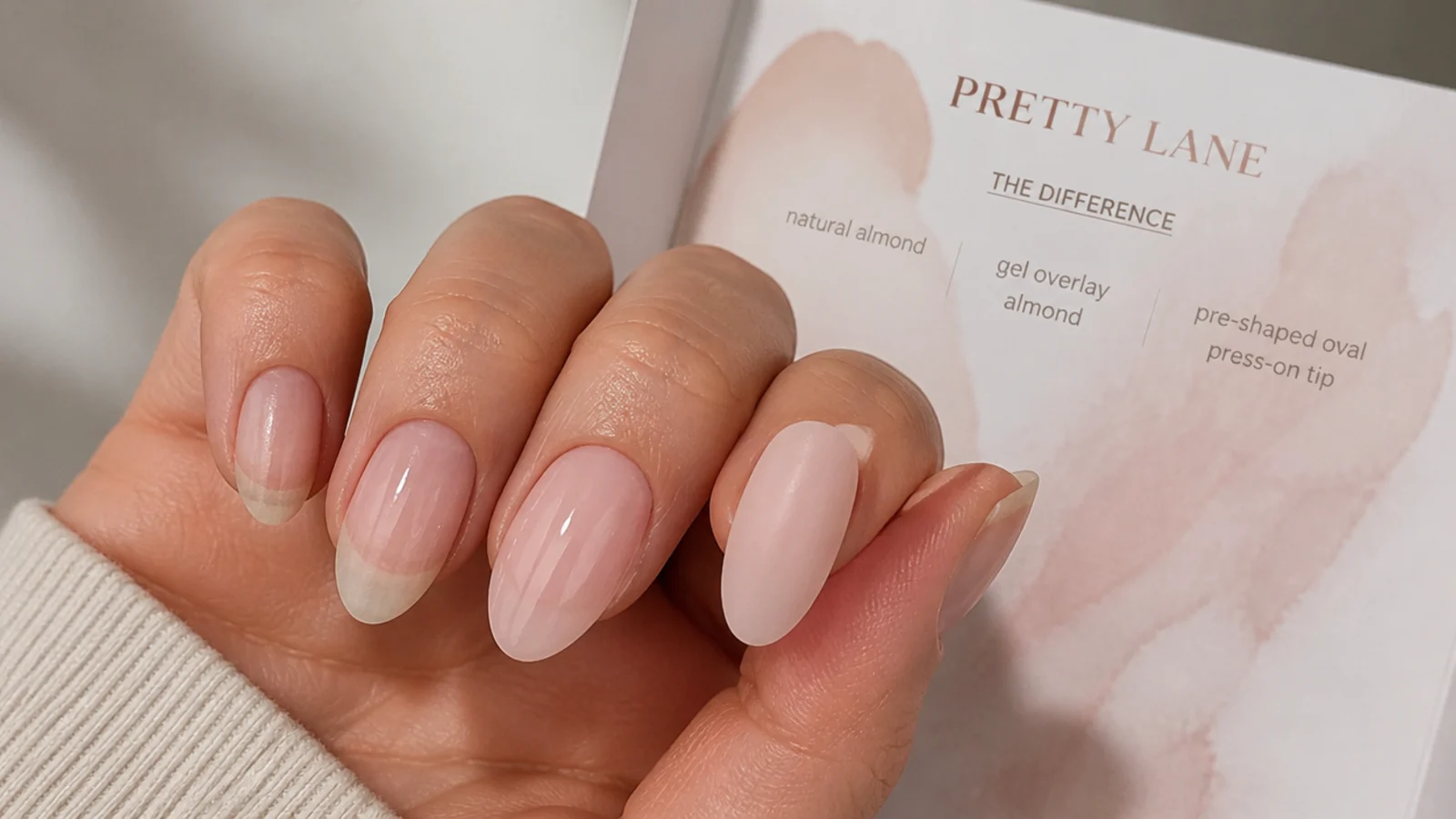 A natural almond nail beside a gel overlay almond and a pre-shaped oval press-on tip