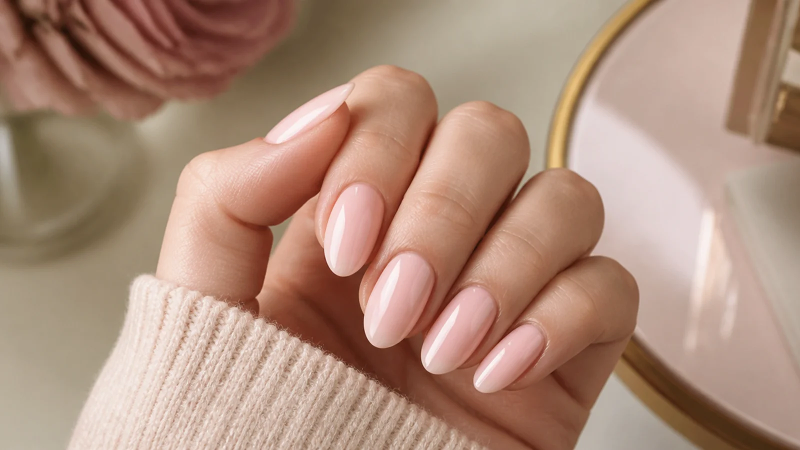 A soft almond nail with a shallow sidewall taper and a rounded tip on 3mm of free edge