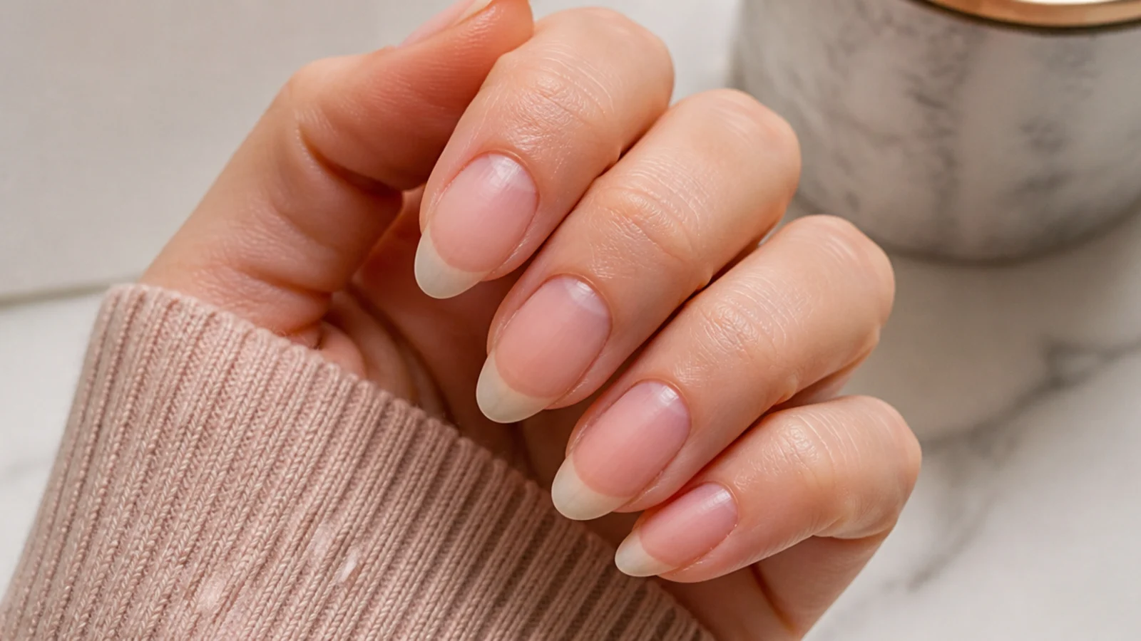 Bare nails with polish removed and cuticles pushed back showing 4mm of white free edge before almond shaping