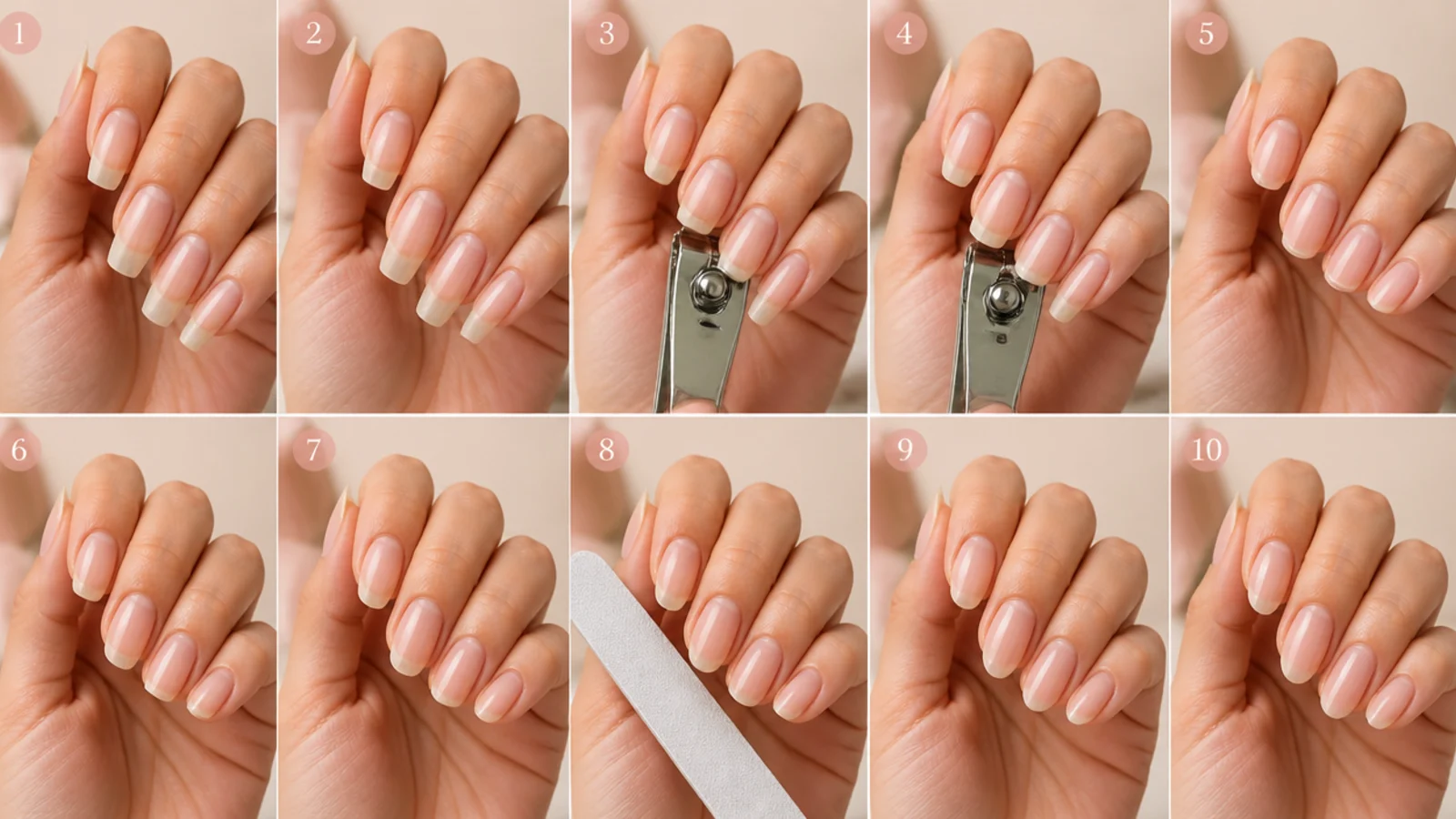 A clipper taking ten natural nails down to one matching length before shaping into almond or oval