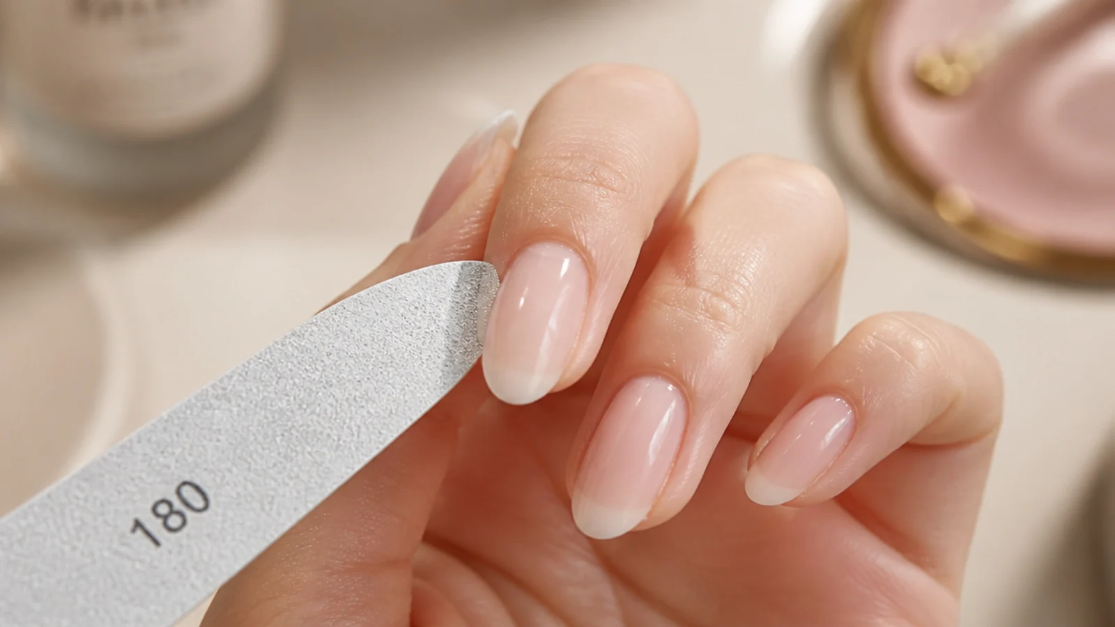 A 180 grit file angled inward against one sidewall of a natural nail cutting the almond taper