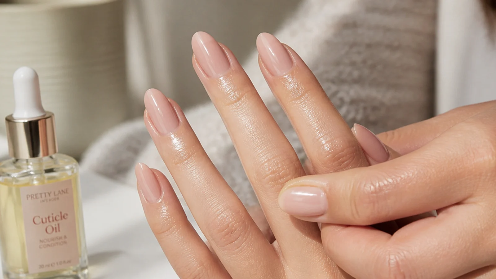 Cuticle oil being massaged into freshly filed almond nails with smooth sealed free edges