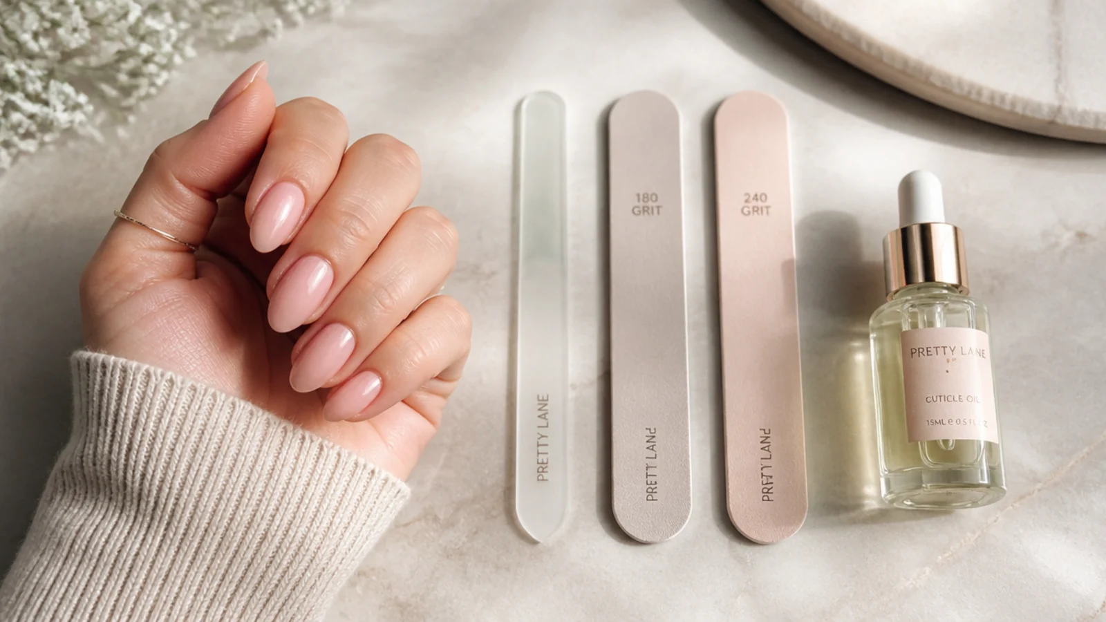 Almond nail shaping tools laid out with a glass file, 180 grit file, 240 grit file and cuticle oil