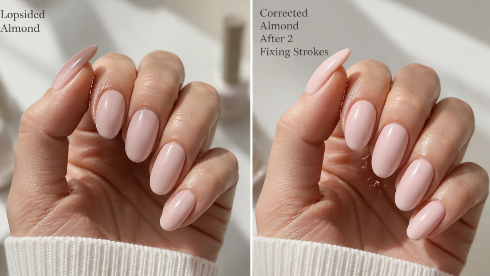 A lopsided almond nail beside a corrected symmetrical almond shape after two fixing strokes